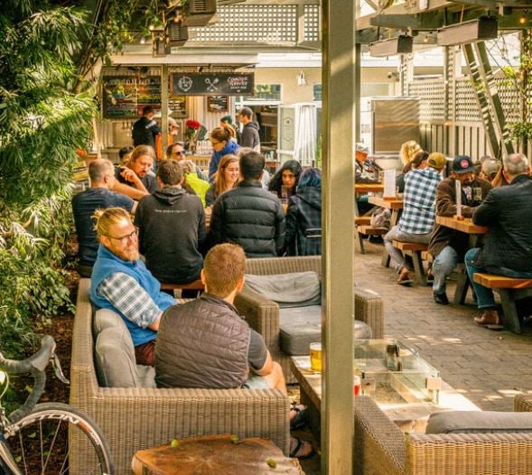 People networking on a patio